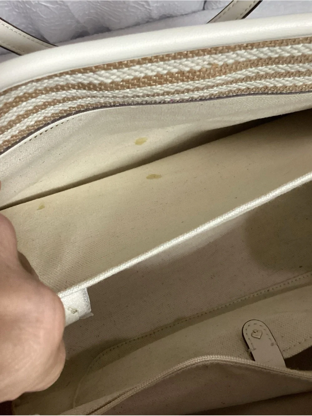 Kate Spade Market Stripe Medium Parchment Color Woven Canvas Tote Bag w/ Charm